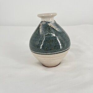 Small Handmade Ceramic Vase With Blue & Beige‎ Feather  Glaze